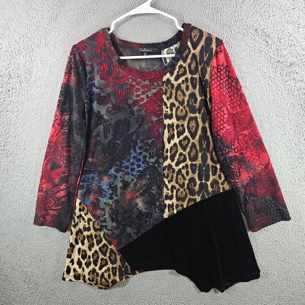 Caleesa Womens Mixed Media Patchwork Tunic Top Leopard Burnout Velvet Red Size M